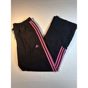 Adidas Track Pants Black Pink Stripe Medium Ankle Snaps Lined Elastic Waist
